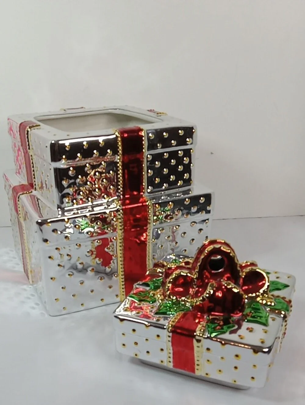 Metallic Red Ribbon Cermaic 3-tier Lidded Cookie Jar Burton & Burton